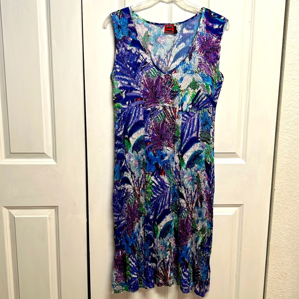 Simon Chang Multi Color Floral Print Sleeveless Crinkle Dress Size 12